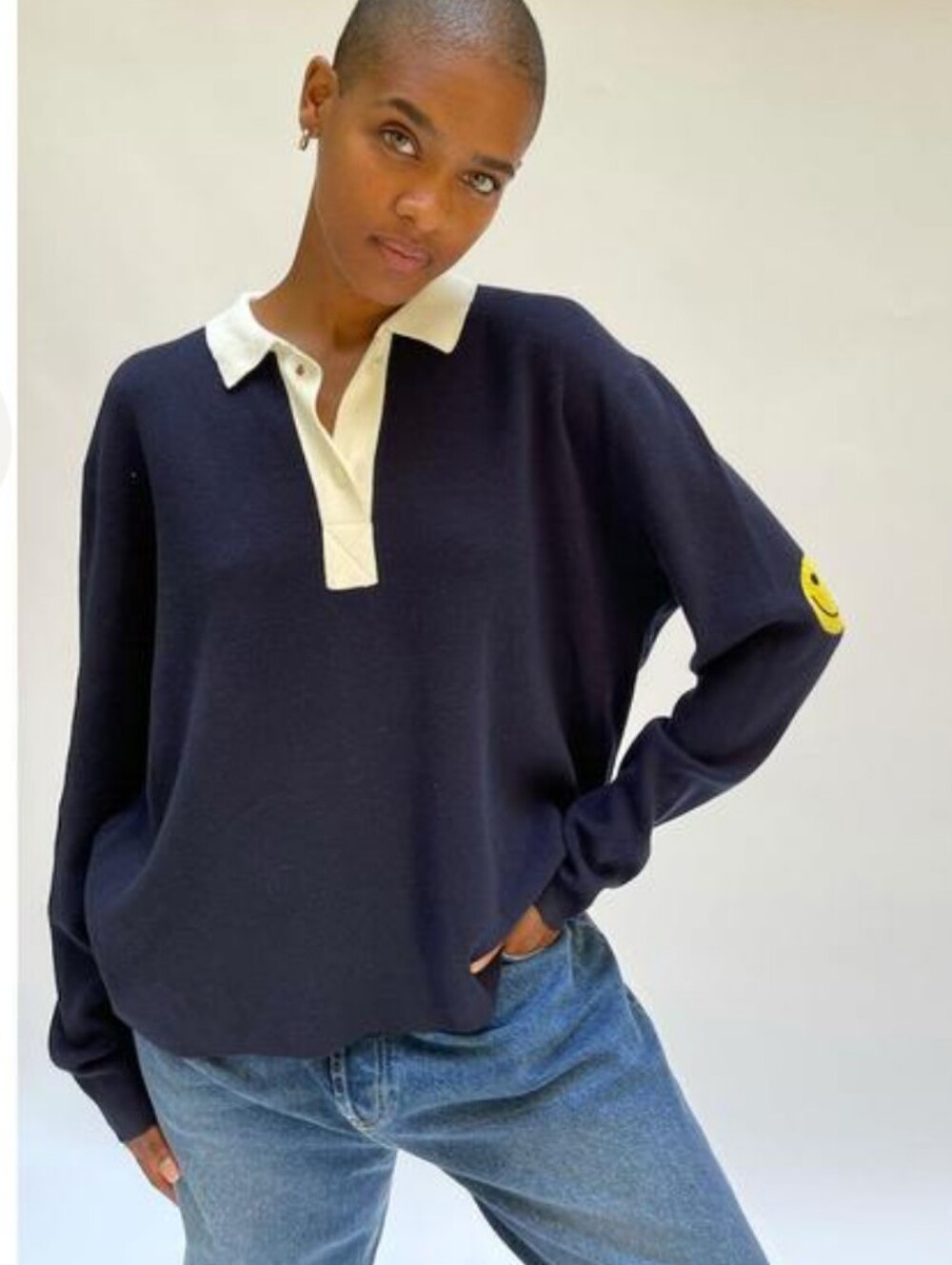 Kulle The Fellini Navy Polo Sweater Preppy Collar Smiley Elbow Patch Academia XS